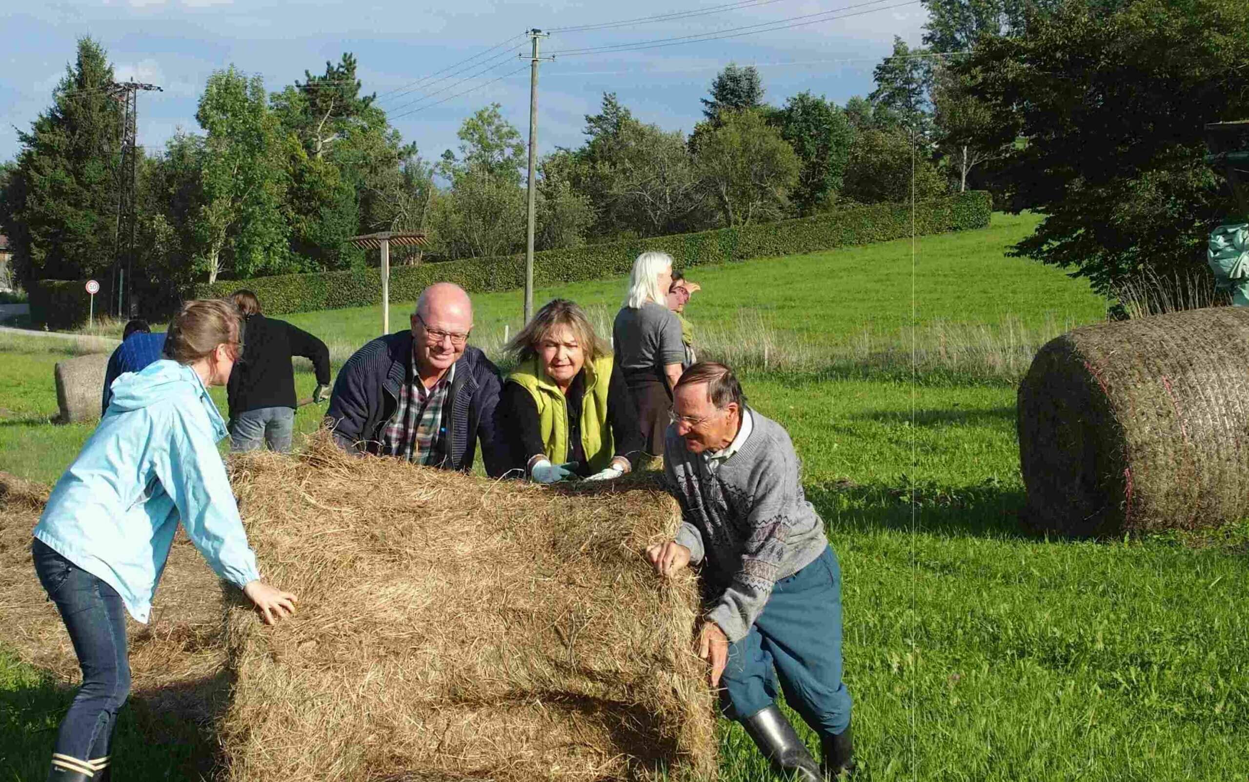 Vier Menschen rollen einen großen Strohballen auf dem Feld vor sich her.